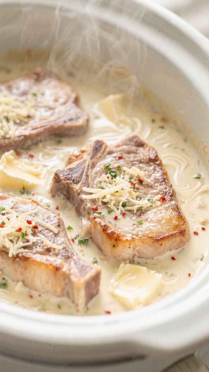 Cooking process close-up: Crockpot garlic Parmesan pork chops simmering in a creamy sauce inside a s