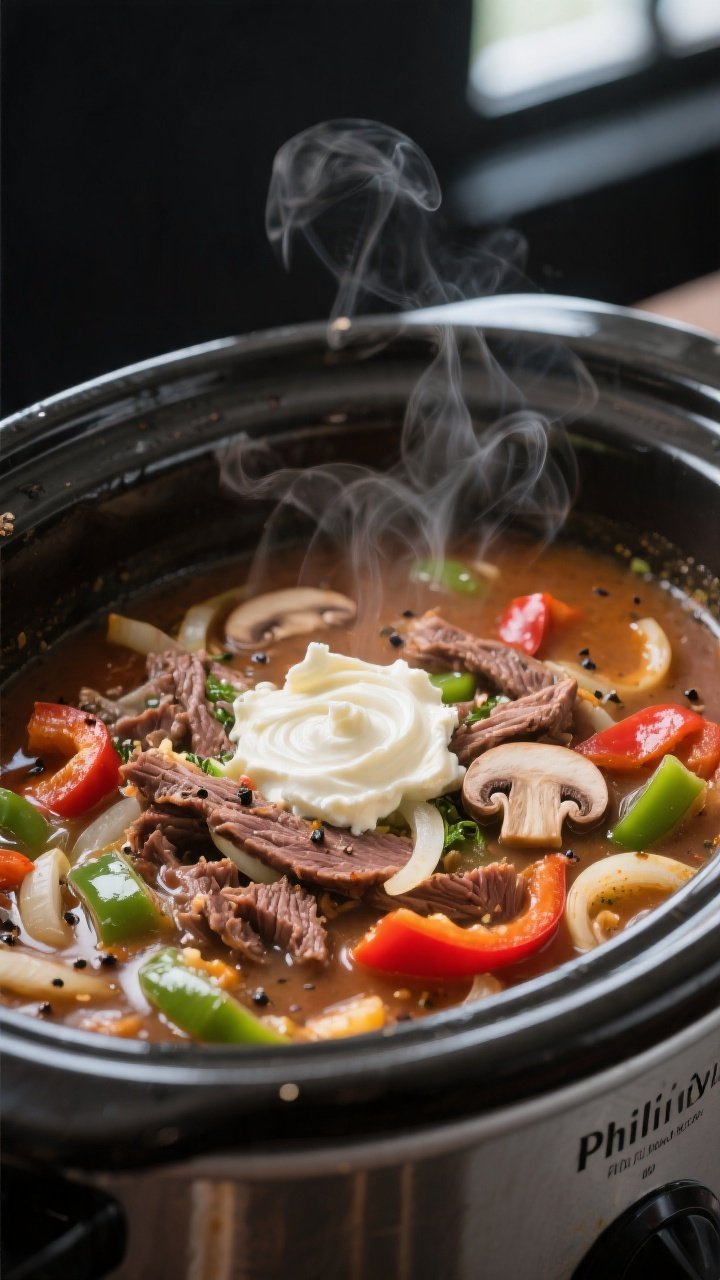 Cooking process close-up: Crockpot Philly Cheesesteak Soup mid-simmer in a slow cooker, tender slice