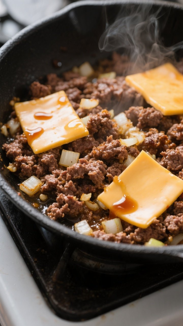Cooking process close-up: Crumbled ground beef browning in a large skillet with softened diced onion