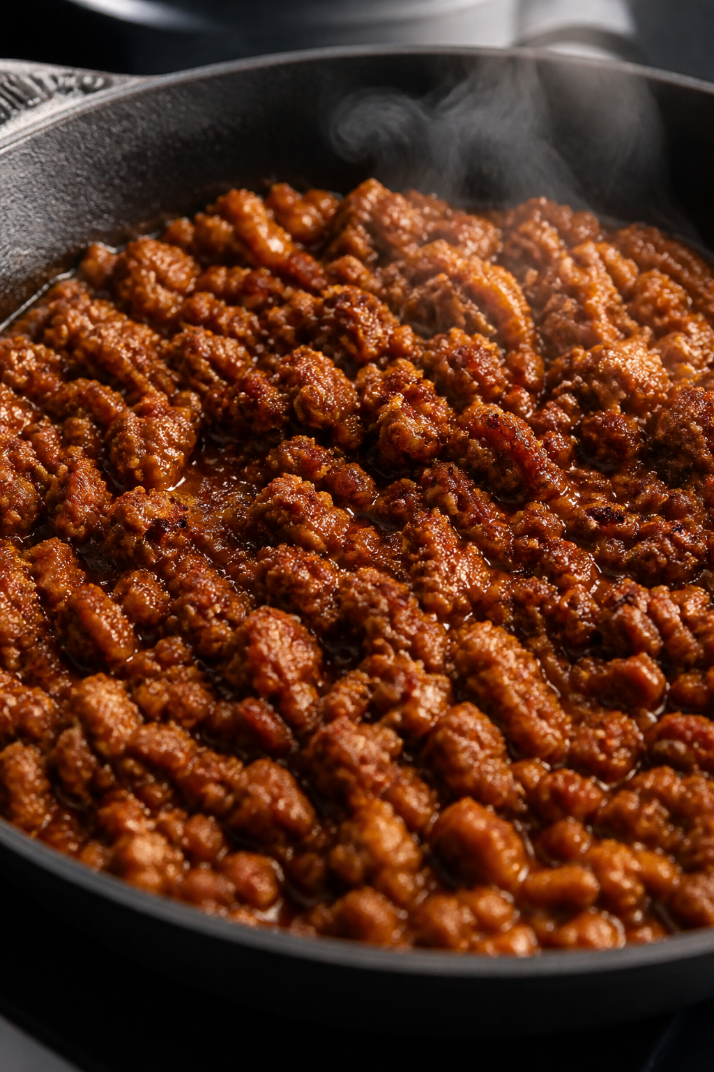 Cooking process close-up: Crumbled seasoned ground beef sizzling in a large skillet, browned with ca