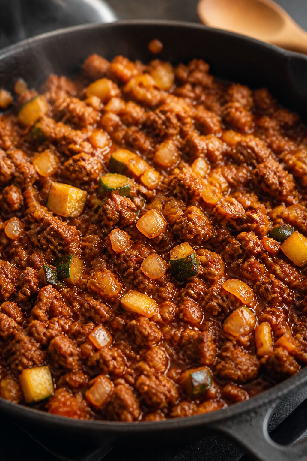 Cooking process, close-up detail: Close-up of taco-seasoned ground beef simmering in a skillet with