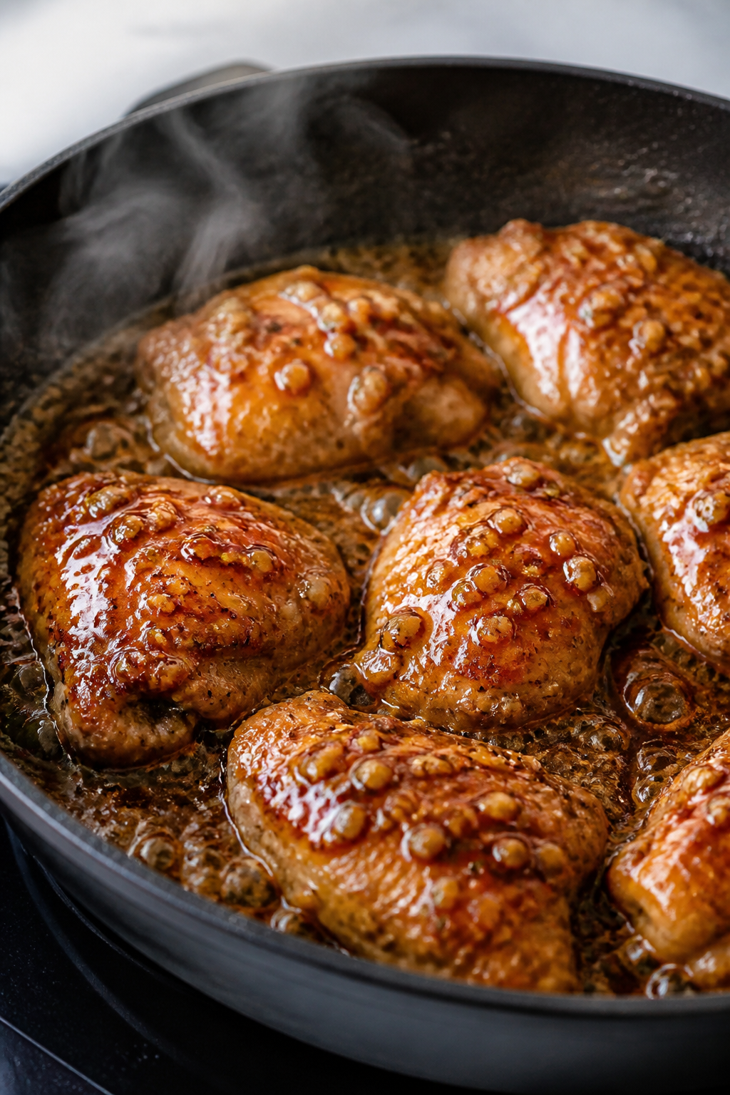 Cooking process, close-up detail: Golden-brown seared chicken thigh pieces sizzling in a large skill