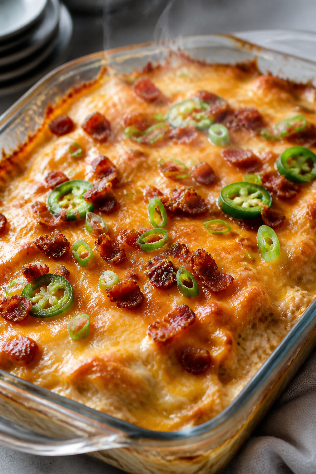 Cooking process, close-up detail: Golden-bubbly low carb crack chicken casserole just out of the ove