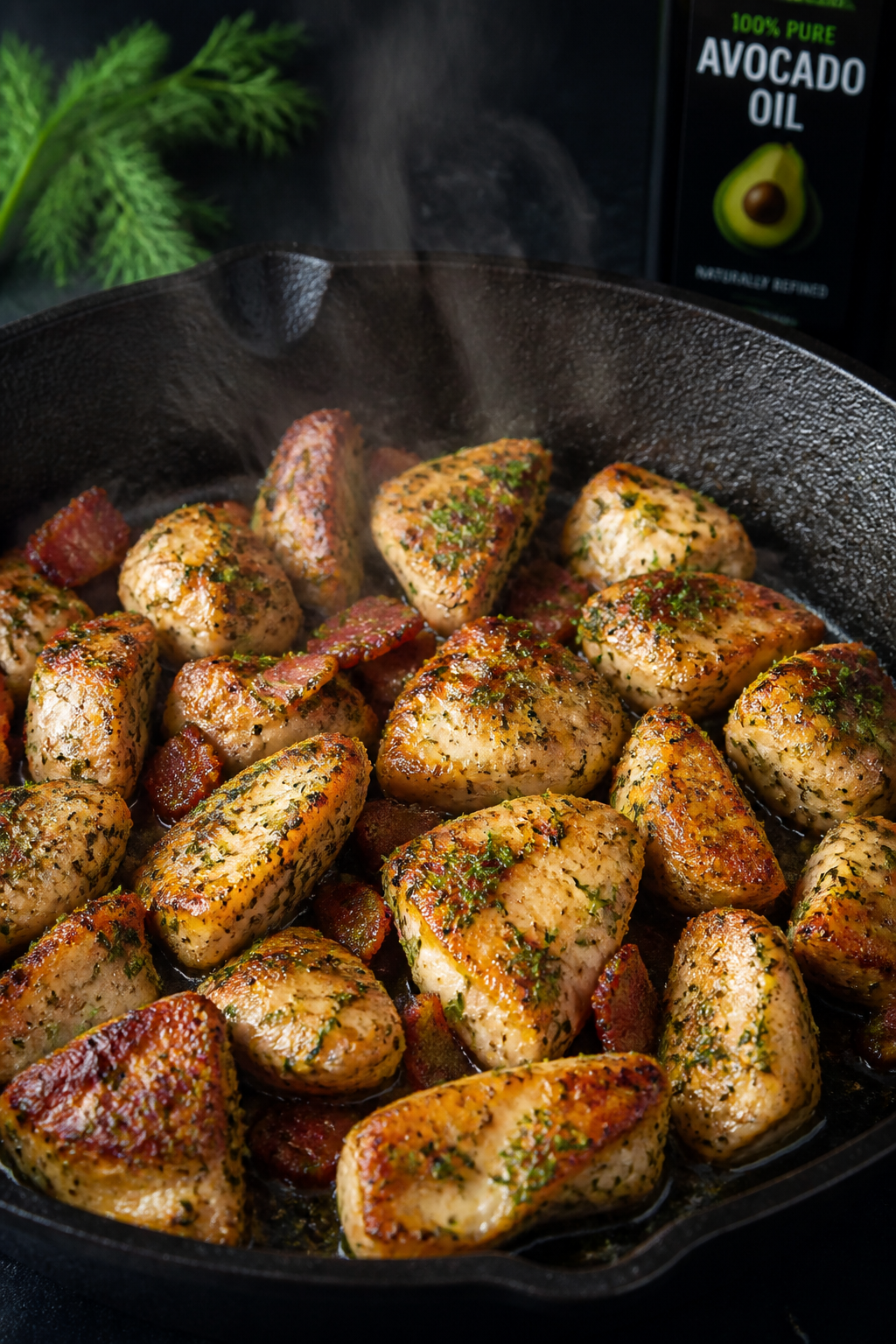 Cooking process, close-up detail: Golden seared ranch-seasoned chicken bites sizzling in a cast-iron