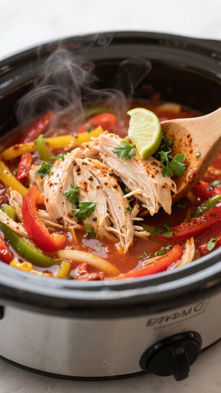 Cooking process, close-up detail: Juicy shredded chicken being stirred back into a slow cooker with 