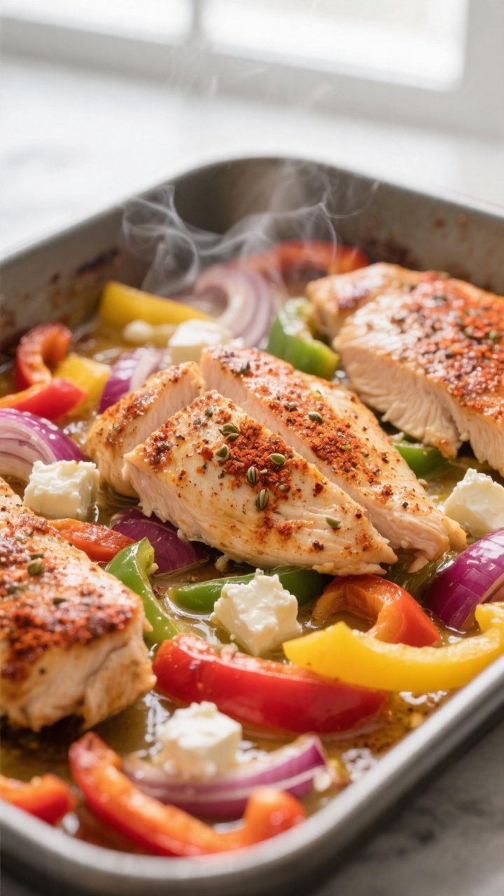 Cooking process, close-up detail: Juicy, spice-rubbed chicken breast strips nestled over a bed of te