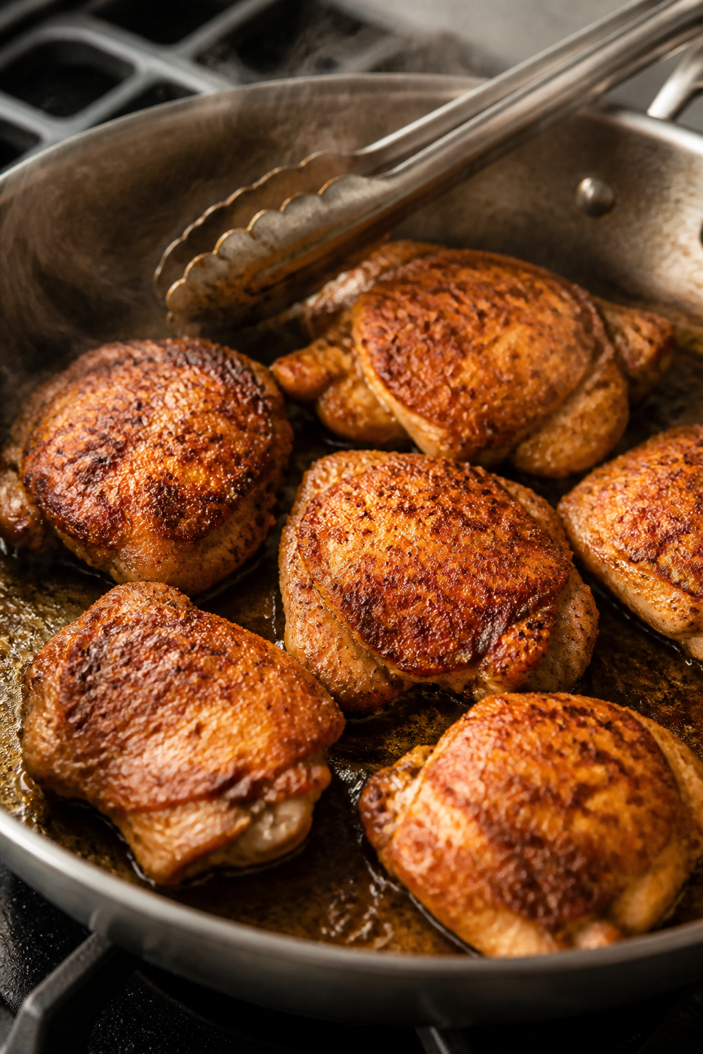 Cooking process, close-up detail: Searing boneless, skinless chicken thighs in a large skillet, gold