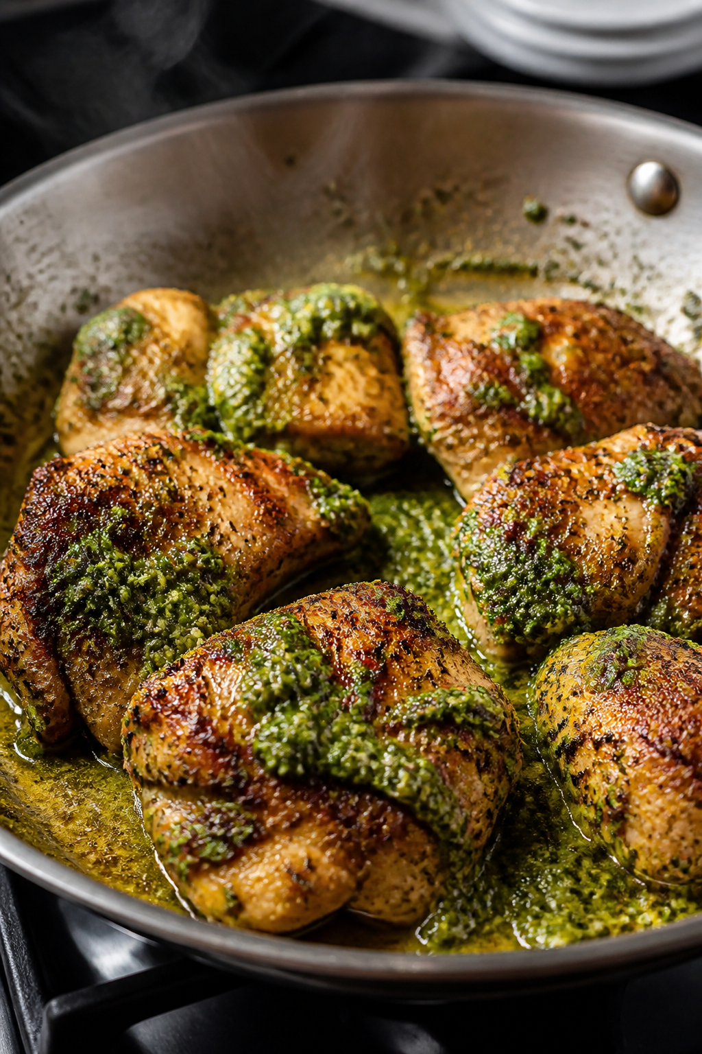 Cooking process, close-up detail: Searing seasoned chicken thigh pieces in a wide stainless skillet 