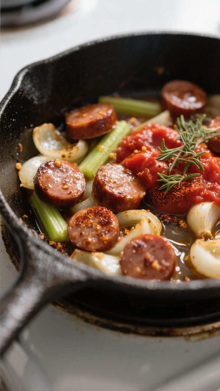 Cooking process, close-up detail: Sizzling browned smoked sausage coins with caramelized edges nestl