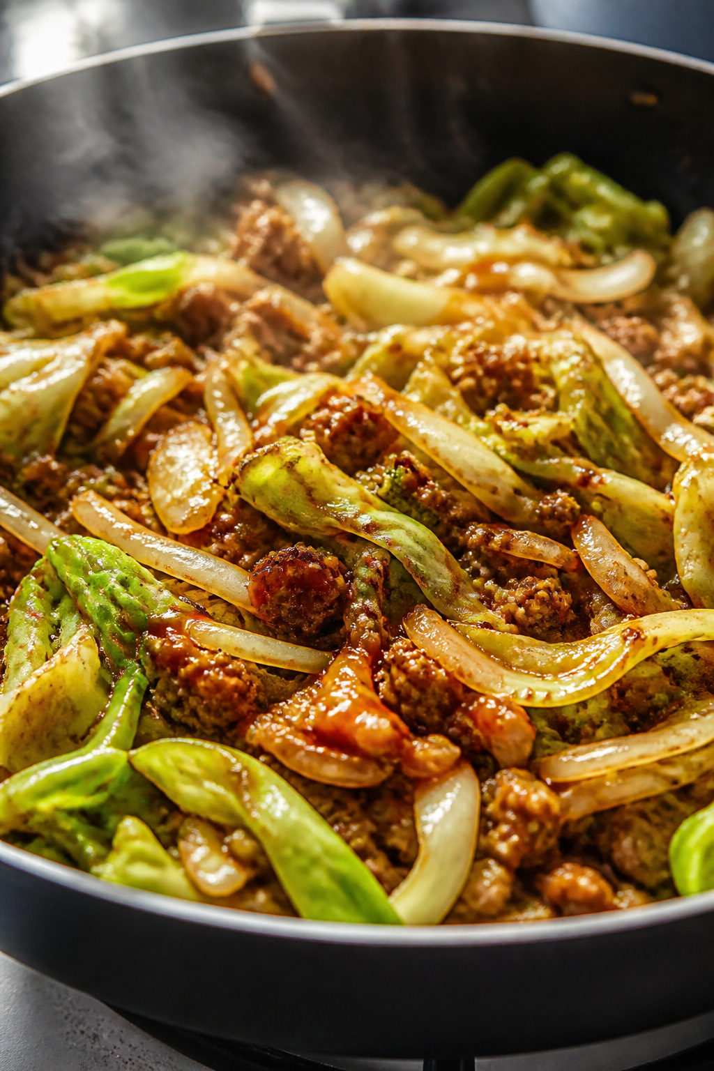 Cooking process, close-up detail: Sizzling egg roll in a bowl in a large skillet, browned ground por