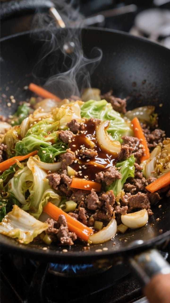 Cooking process, close-up detail: Sizzling ground beef and tender-crisp cabbage stir fry mid-cook in