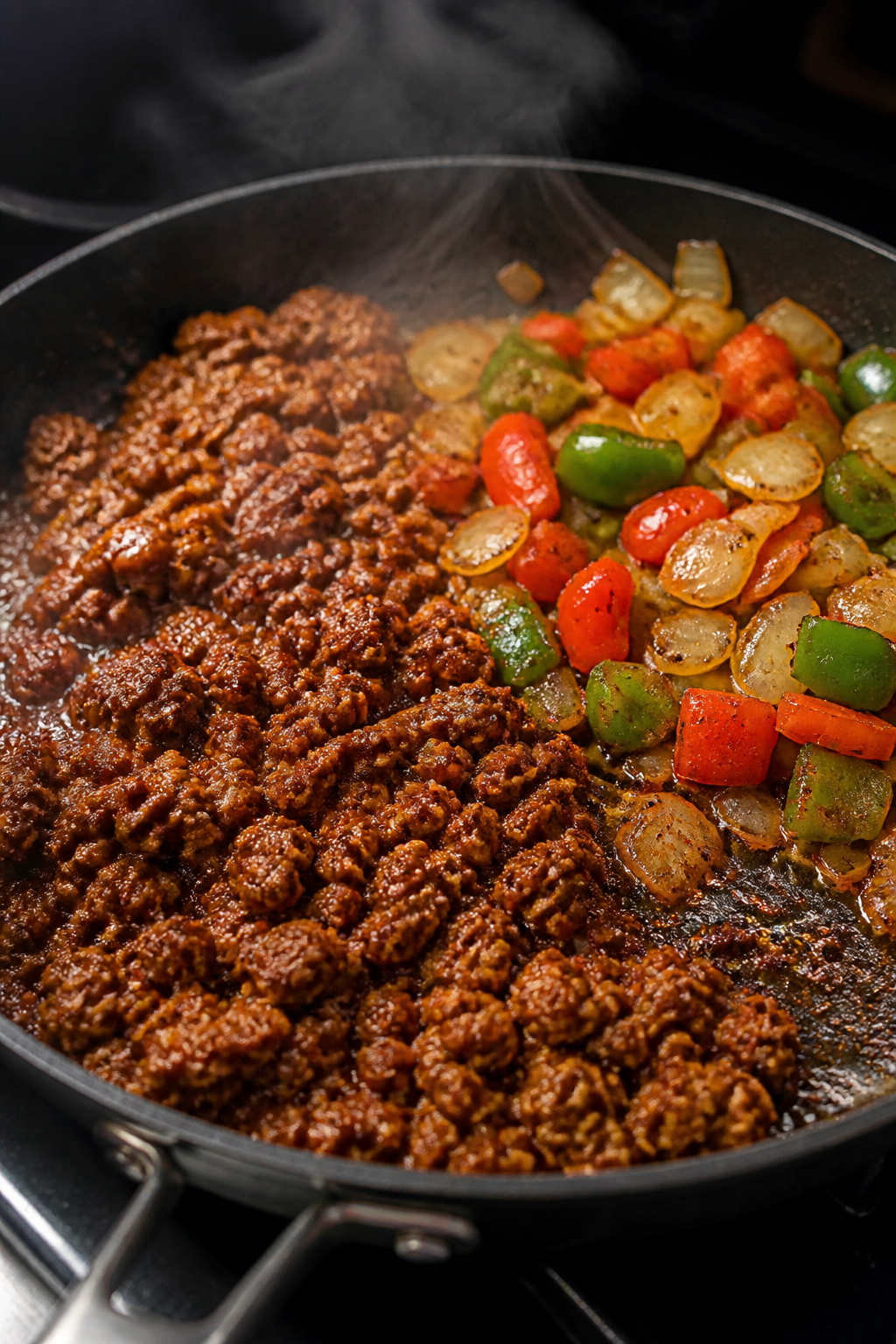 Cooking process, close-up detail: Sizzling ground beef in a wide skillet after browning, coated with