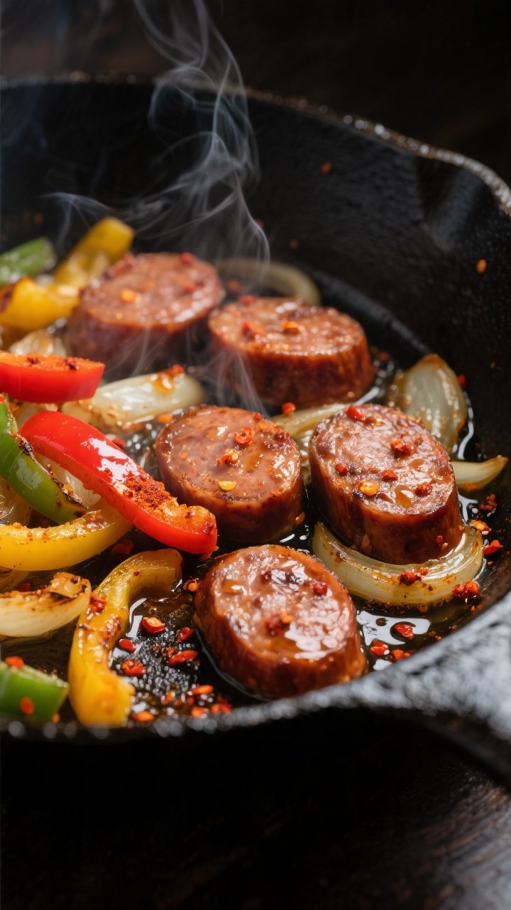 Cooking process, close-up detail: Sliced smoked andouille rounds sizzling in a black cast-iron skill