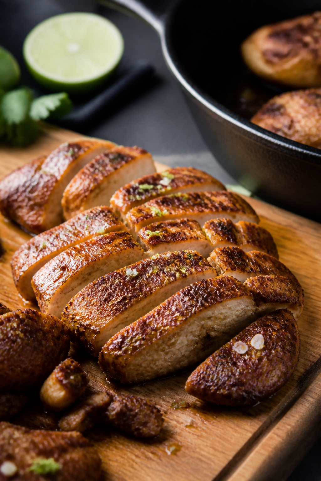 Cooking process, close-up detail: Sliced taco-seasoned chicken just after searing, resting on a cutt