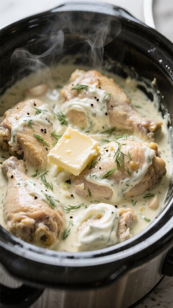 Cooking process, close-up detail: Slow cooker filled with cooked chicken thighs nestled in a rich, c