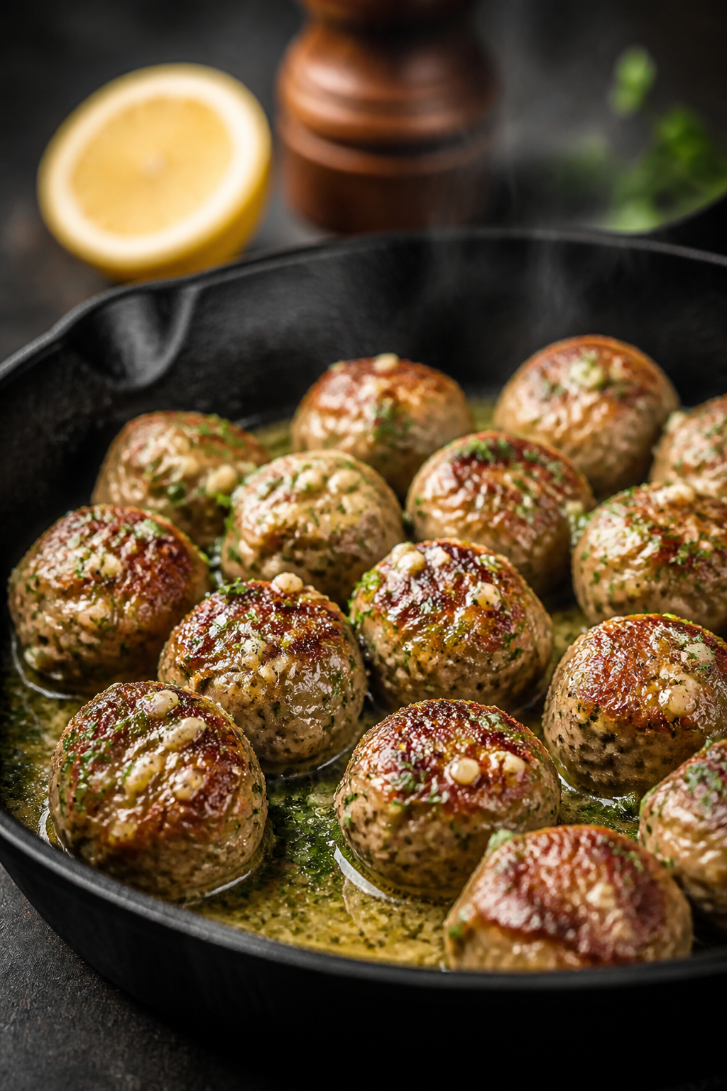 Cooking process close-up: Golden-browned baked keto garlic butter meatballs just transferred into a