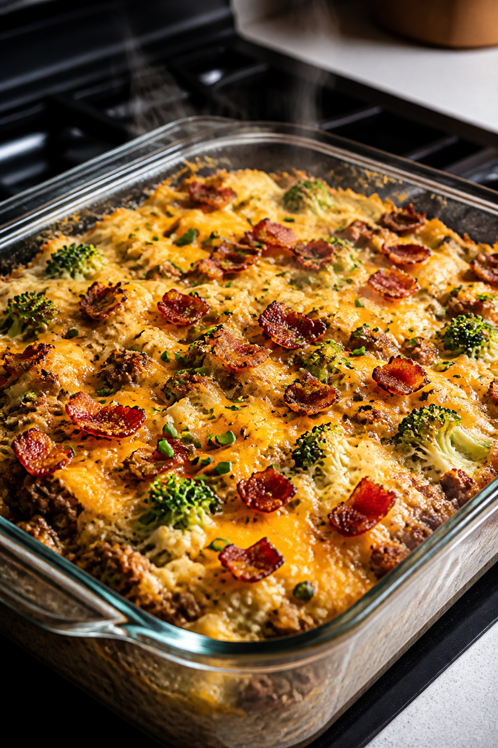 Cooking process close-up: Golden, bubbly Keto Crack Beef Casserole just out of the oven in a 9x13 ba