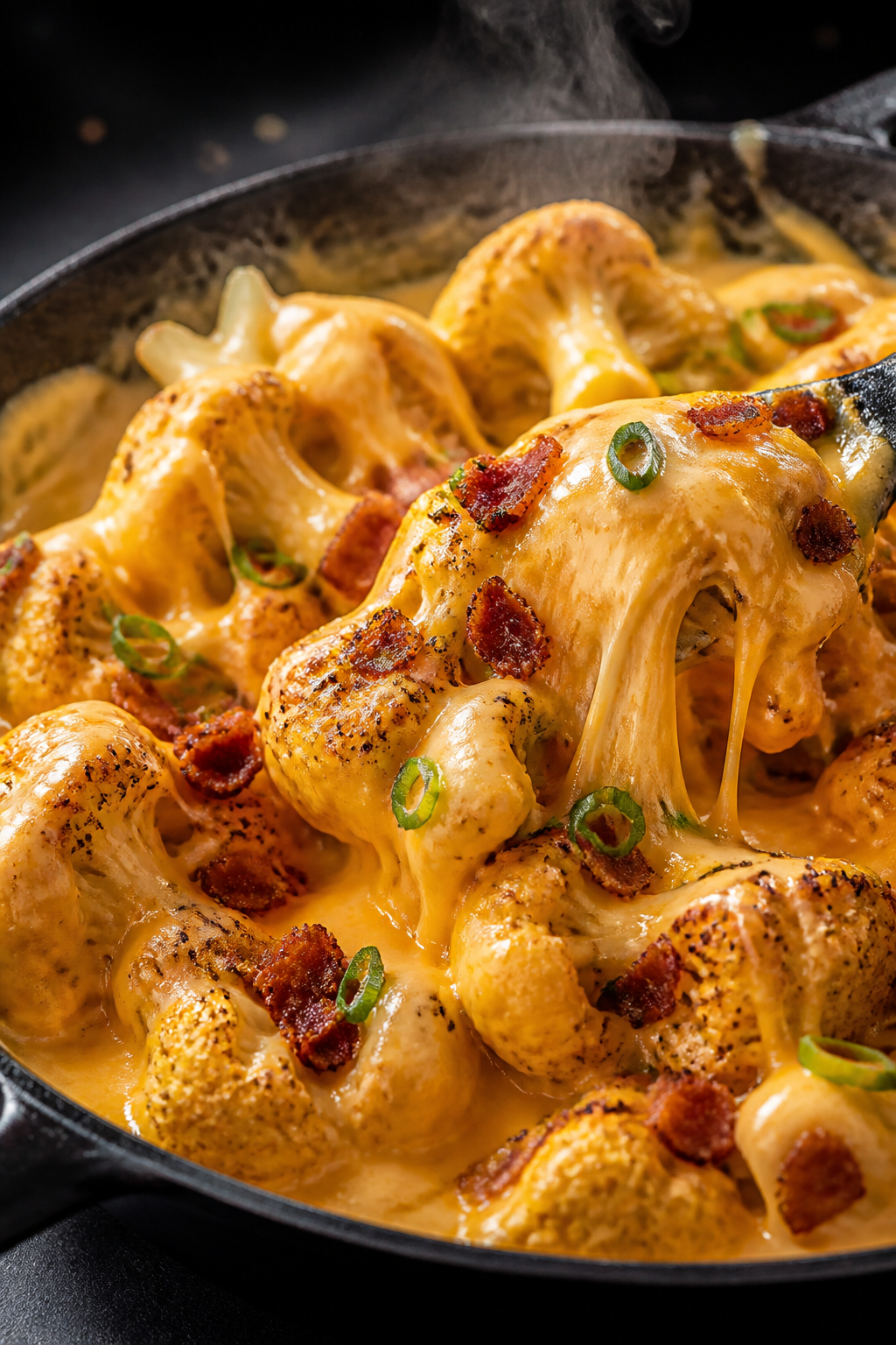 Cooking process close-up: Golden roasted cauliflower florets being folded into a glossy, hot cheesy 