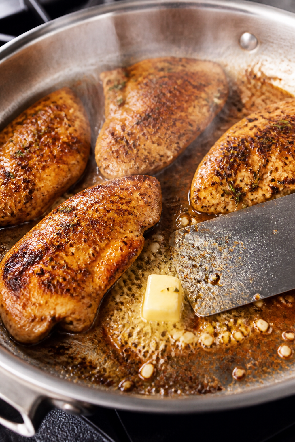 Cooking process close-up: Golden-seared chicken cutlets sizzling in a large stainless skillet, edges