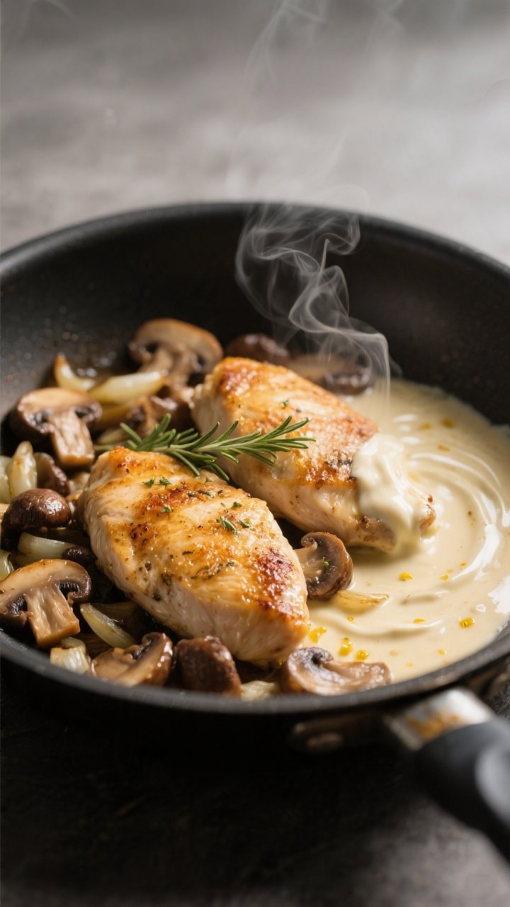 Cooking process close-up: Golden-seared chicken cutlets nestled in a skillet of browned cremini mush