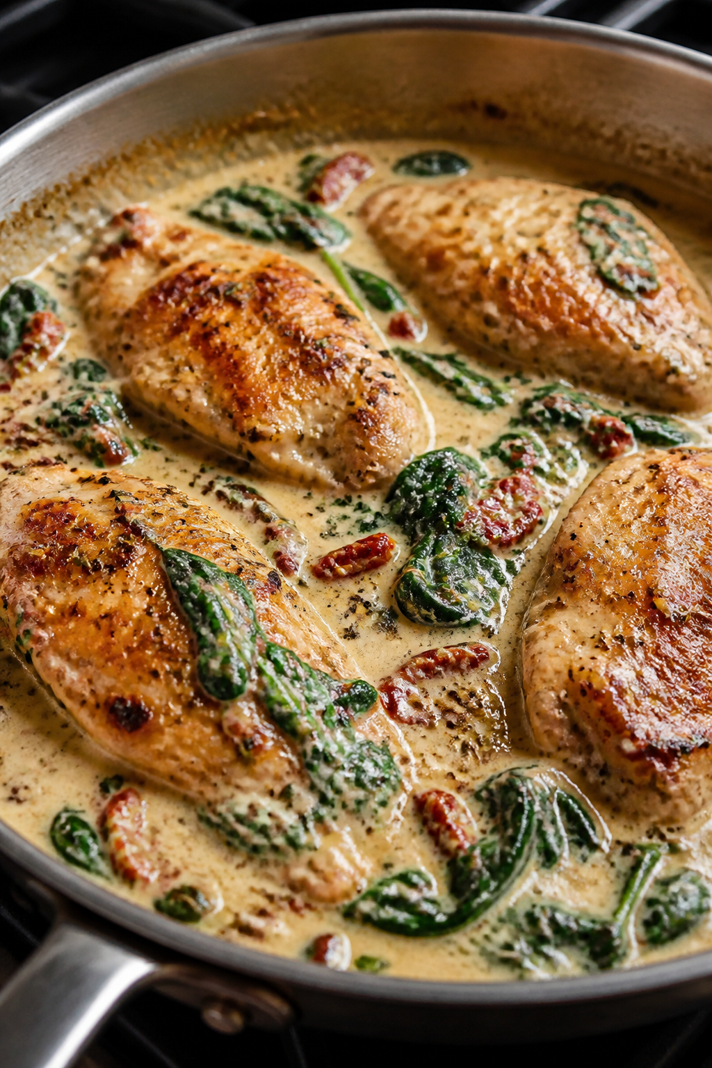 Cooking process close-up: Golden-seared chicken cutlets simmering in a skillet of creamy Tuscan sauc