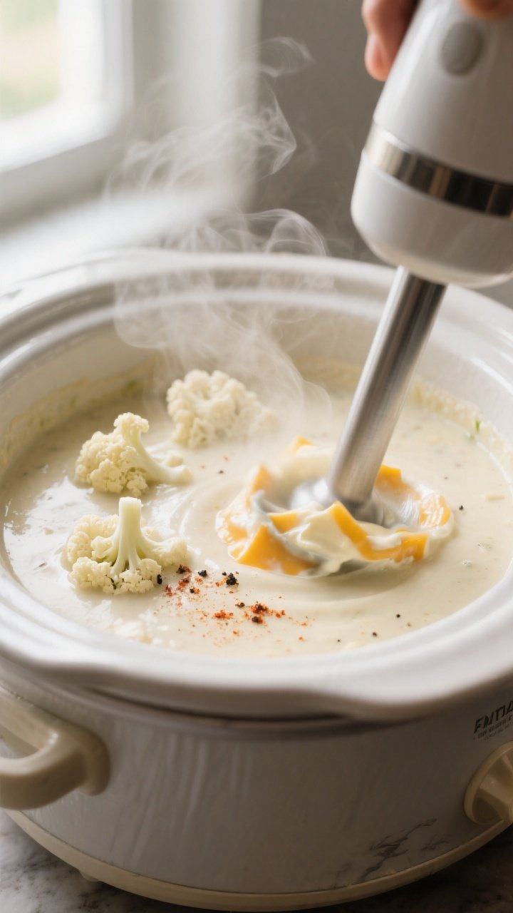 Cooking process close-up: Immersion blender swirling through creamy, simmered cauliflower soup insid