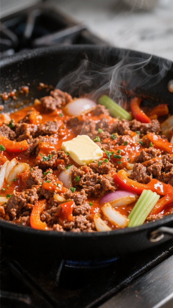 Cooking process close-up: In-pan Buffalo ranch ground beef sizzling in a large black skillet, beef c