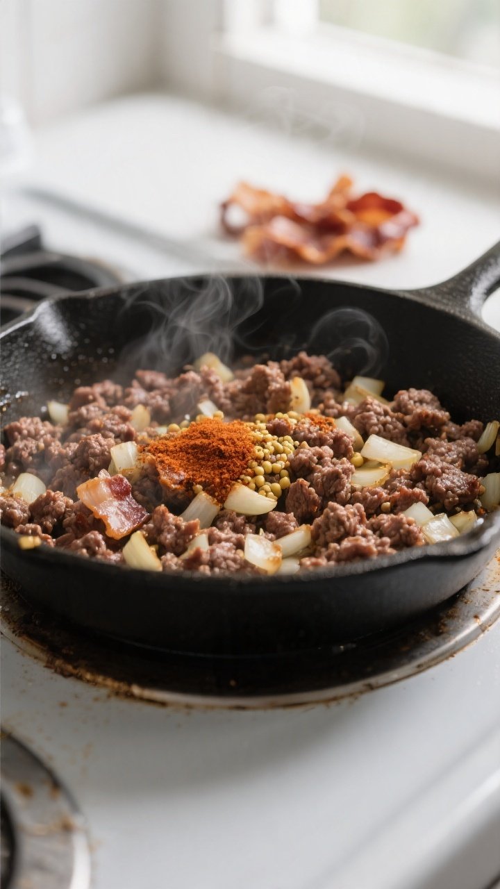 Cooking process close-up: In-skillet ground beef mixture browning with diced onions and minced garli