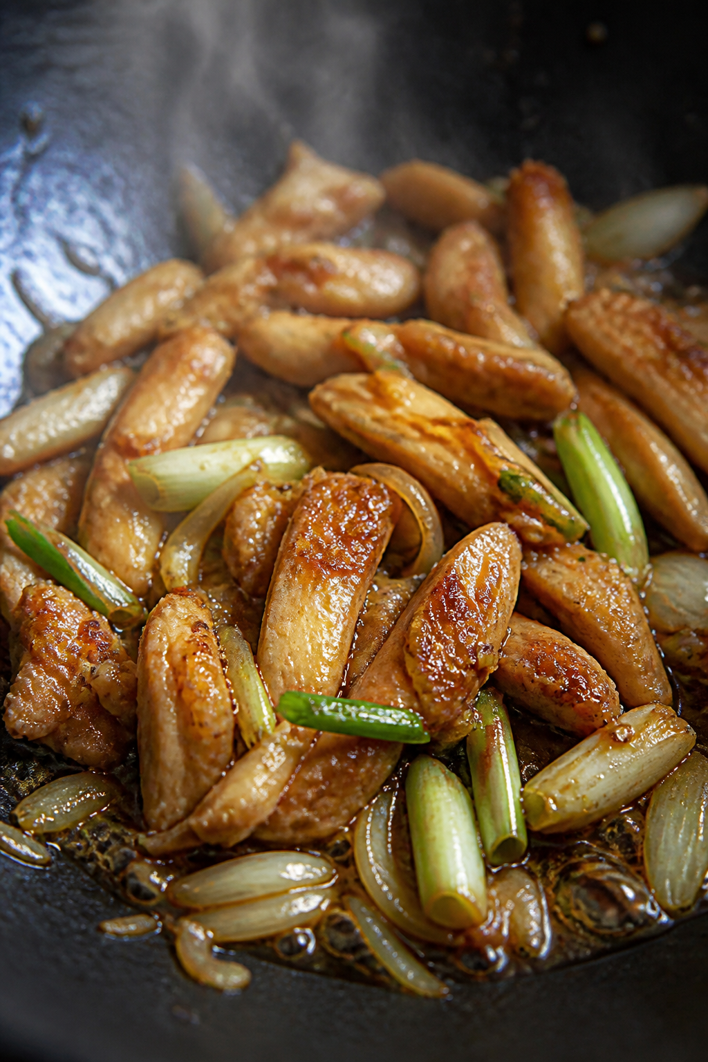 Cooking process close-up: Juicy seared chicken thigh strips sizzling in a wok with glossy, sautéed 