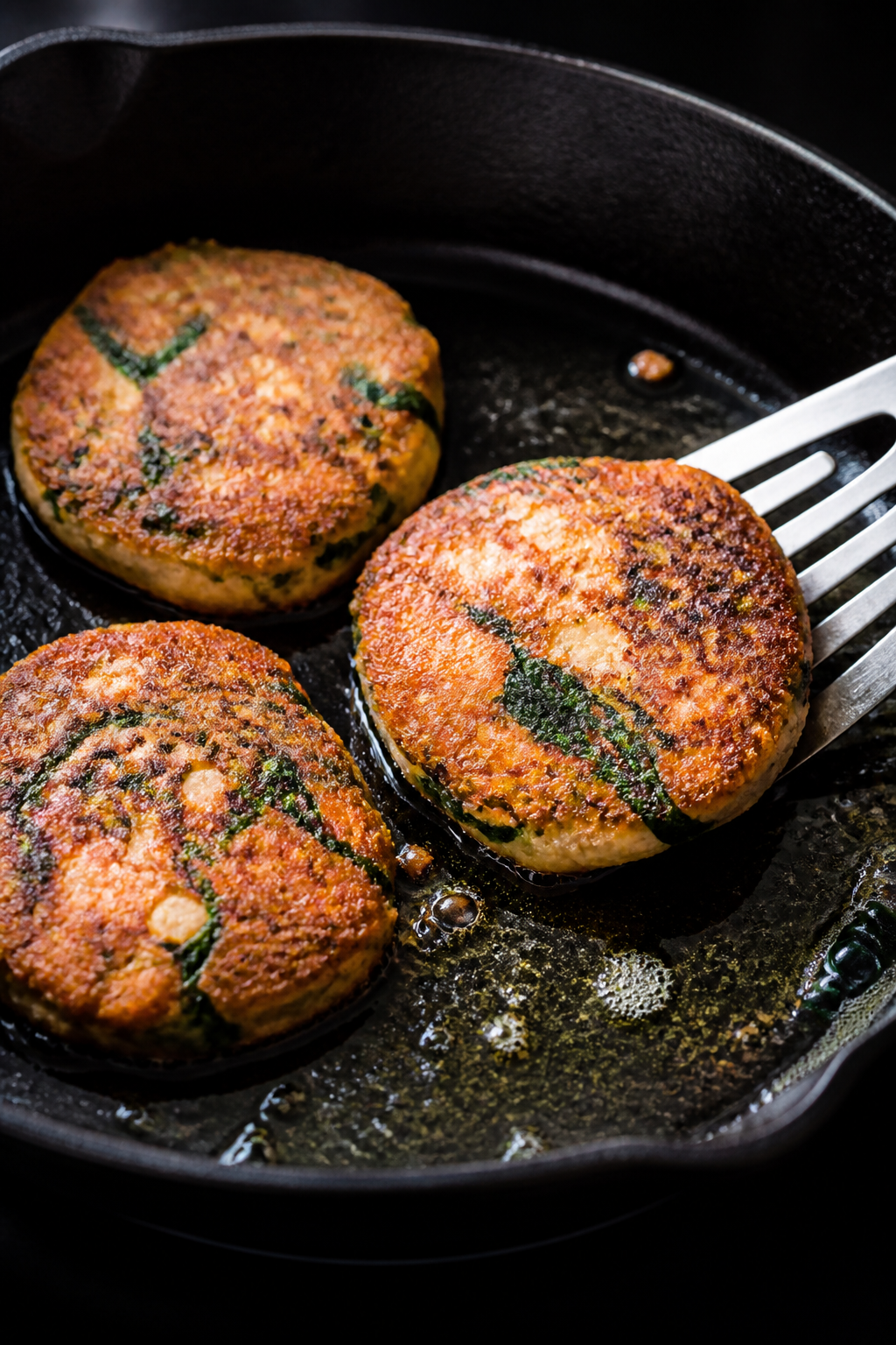 Cooking process, close-up: Salmon patties sizzling in a cast-iron skillet over medium heat, showing 