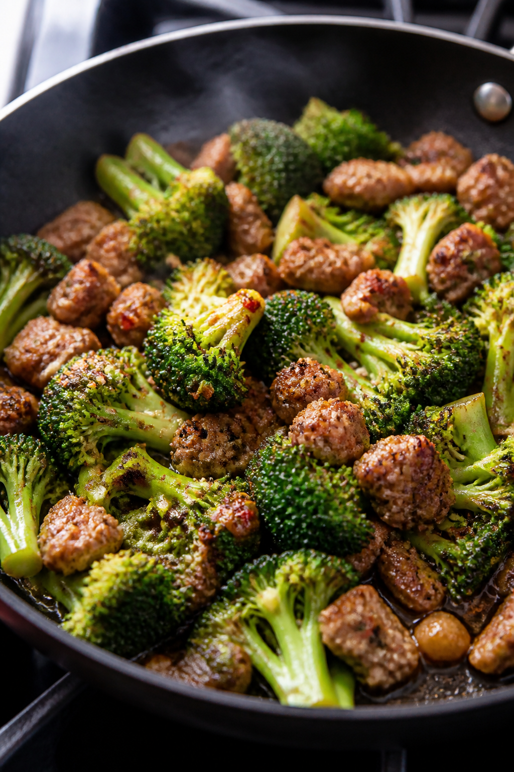 Cooking process, close-up: Sautéed broccoli and browned Italian sausage coming together in a large 