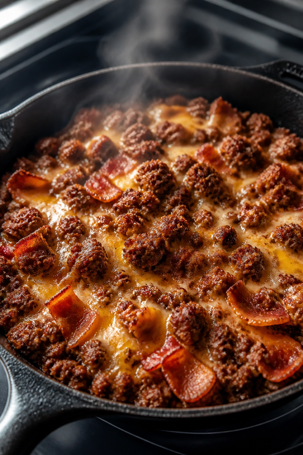 Cooking process close-up: Seared seasoned ground beef in a black cast-iron skillet, browned and crag
