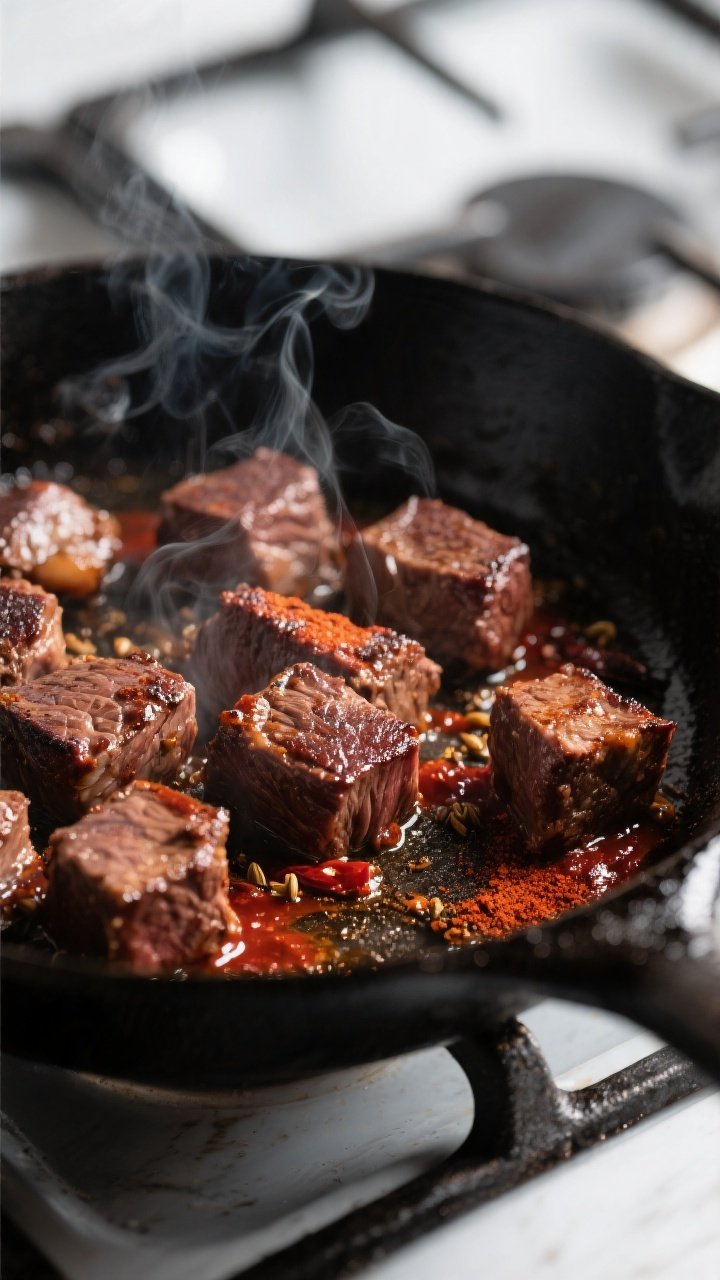 Cooking process close-up: Searing chunky cubes of beef chuck in a heavy skillet, deep mahogany crust