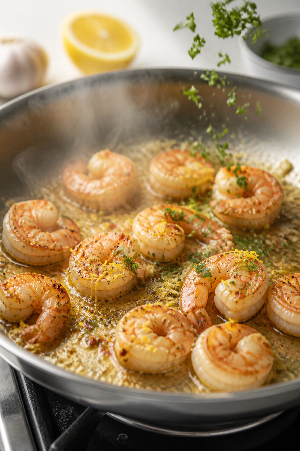 Cooking process close-up: Searing garlic butter shrimp in a stainless skillet, shrimp opaque with li