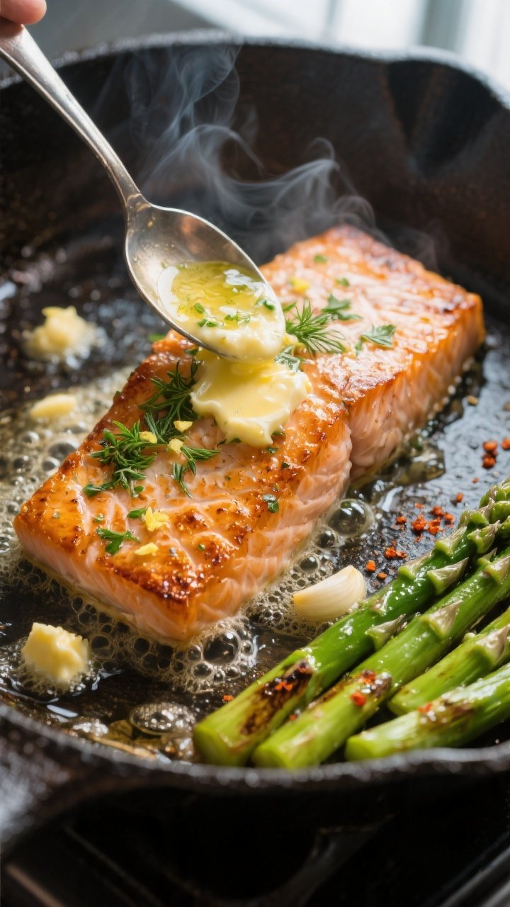 Cooking process, close-up: Searing salmon fillets in a roaring-hot cast iron skillet, presentation s