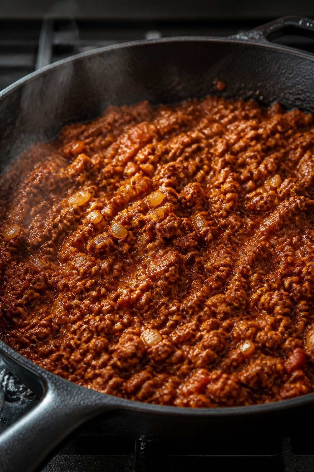 Cooking process close-up: Seasoned ground beef taco filling simmering in a skillet, thick and saucy 