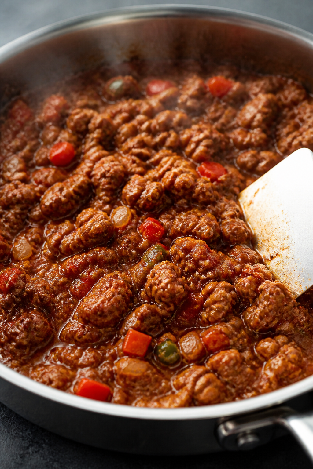 Cooking process close-up: Seasoned taco meat base simmering in a stainless skillet after browning, s