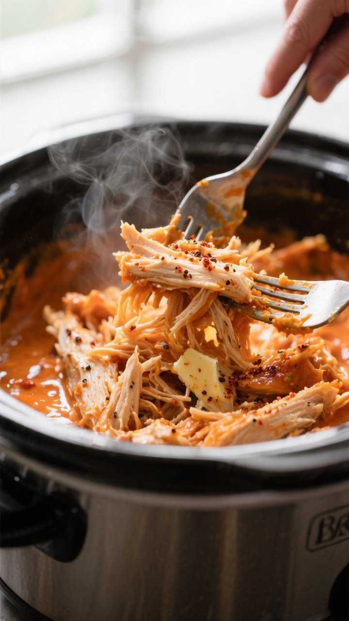 Cooking process close-up: Shredded buffalo chicken being pulled with two forks directly in a crockpo