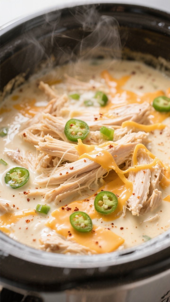 Cooking process close-up: Shredded chicken simmering in a slow cooker, coated in a silky, melted ble