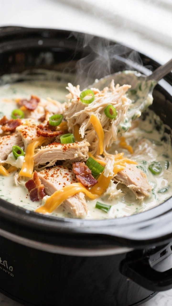 Cooking process close-up: Shredded crockpot crack chicken being folded back into a creamy, ranch-sea