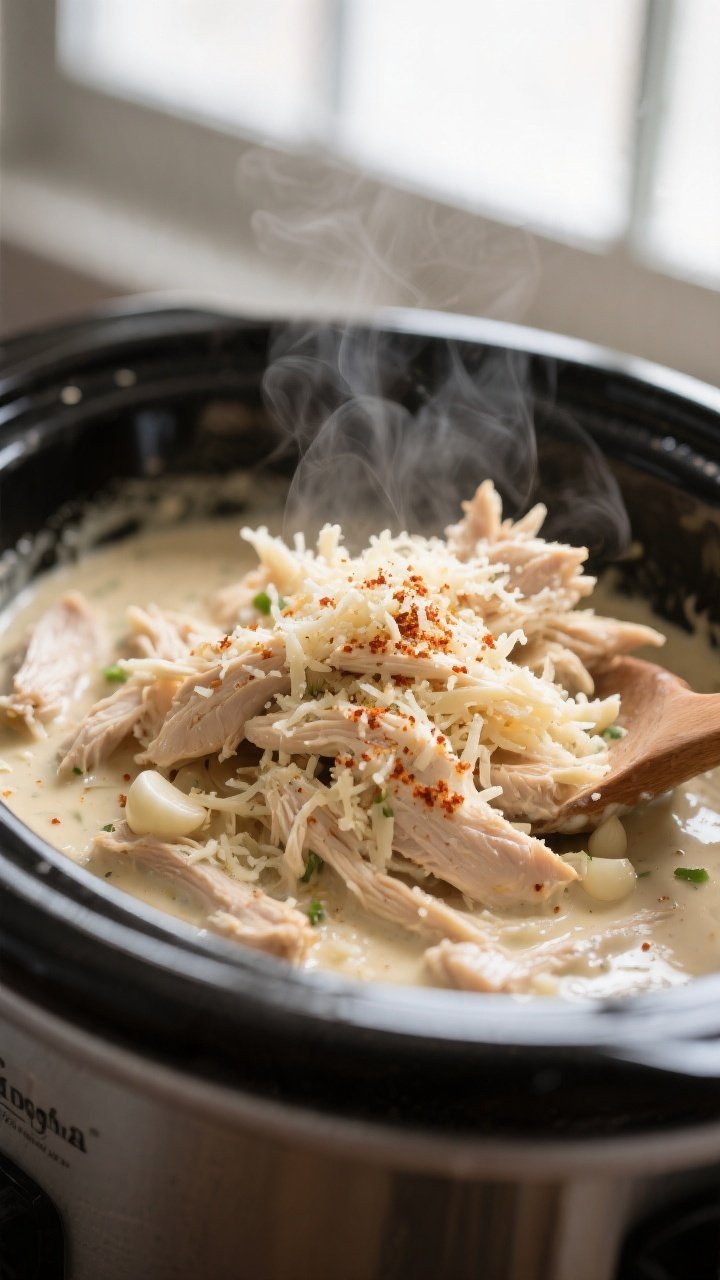 Cooking process close-up: Shredded crockpot garlic Parmesan chicken being tossed in a silky, bubblin