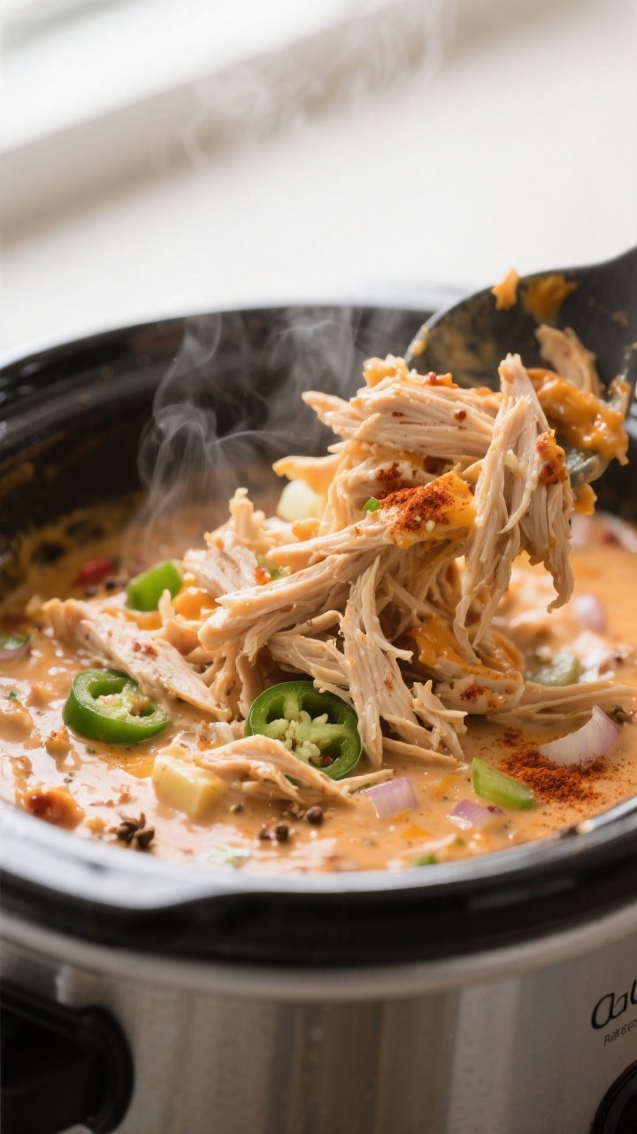 Cooking process close-up: Shredded crockpot pepper jack chicken being folded back into the creamy sa