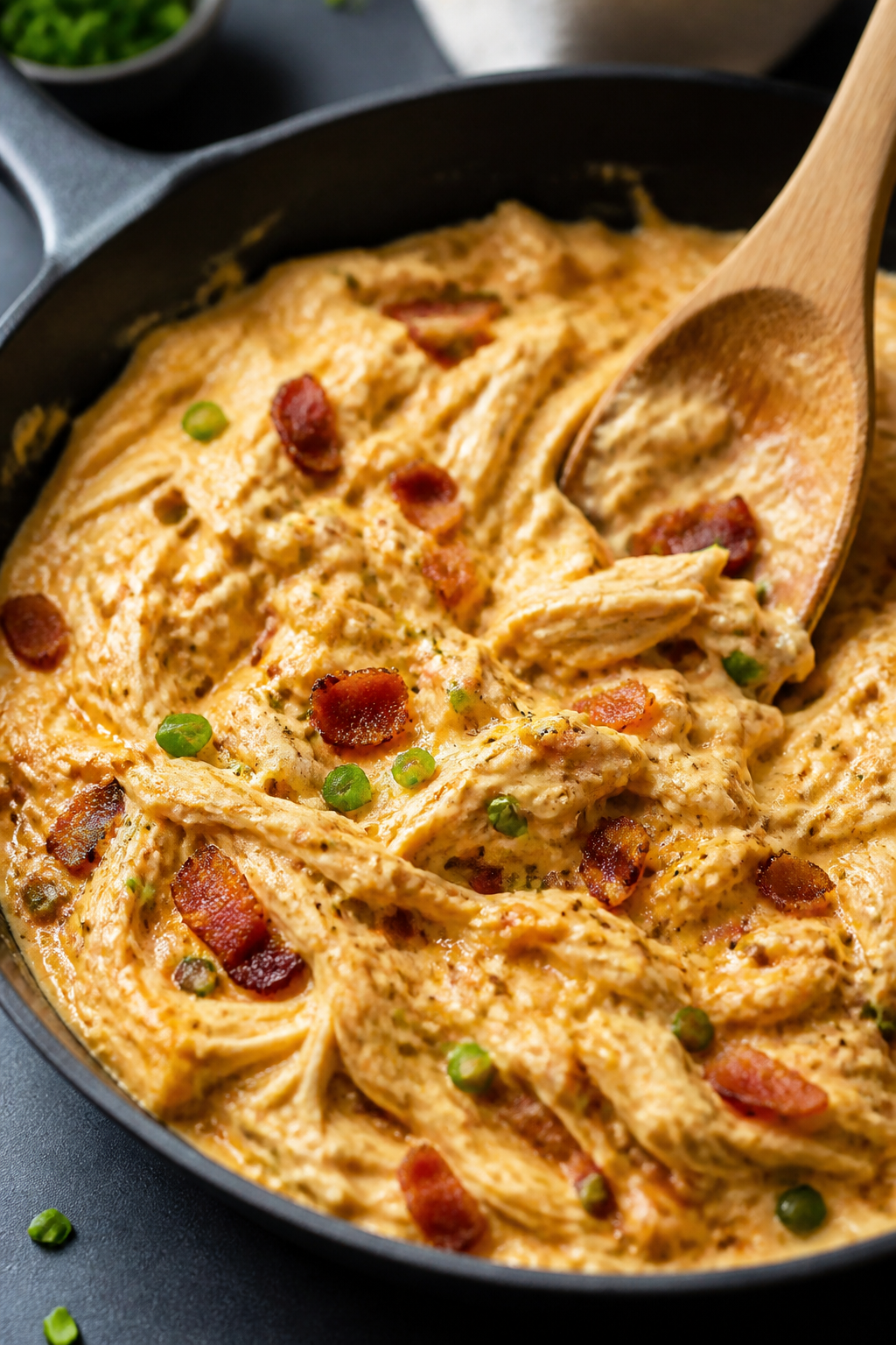 Cooking process close-up: Shredded keto crack chicken simmering in a skillet of glossy, creamy ranch