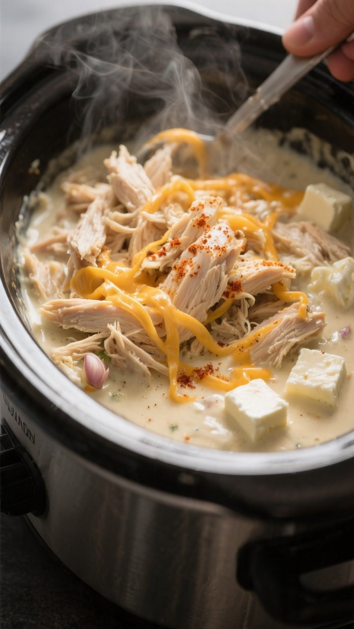 Cooking process close-up: Shredded slow-cooked chicken being folded back into a creamy sauce inside 