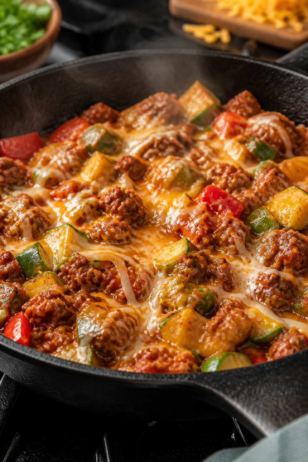 Cooking process close-up: Sizzling ground beef enchilada mixture in a black cast-iron skillet, beef 