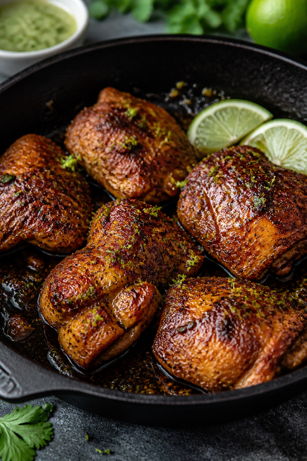 Cooking process close-up: Sizzling keto-seasoned chicken thigh pieces in a cast-iron skillet, golden