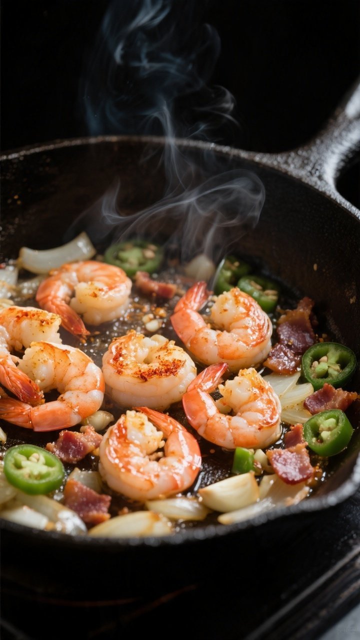 Cooking process, close-up: Sizzling large shrimp in a cast-iron skillet pushed to the center while s