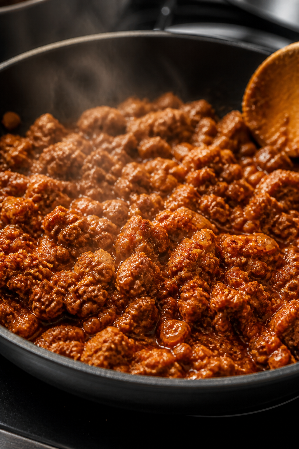 Cooking process close-up: Sizzling seasoned ground turkey in a skillet after tomato sauce and lime h