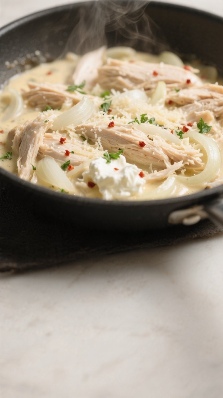 Cooking process close-up: Skillet shot of the creamy garlic-Parmesan chicken filling just finished o