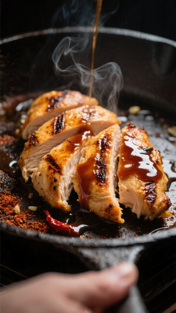 Cooking process close-up: Sliced grilled chicken being glazed in the last minute with a thick, gloss